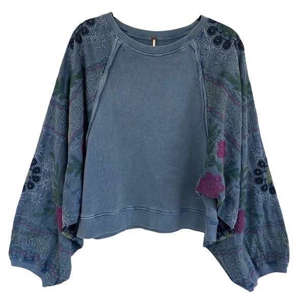 Free People Tops - Free People Embroidered Sweatshirt Women Large Balloon Sleeve Crewneck Pullover